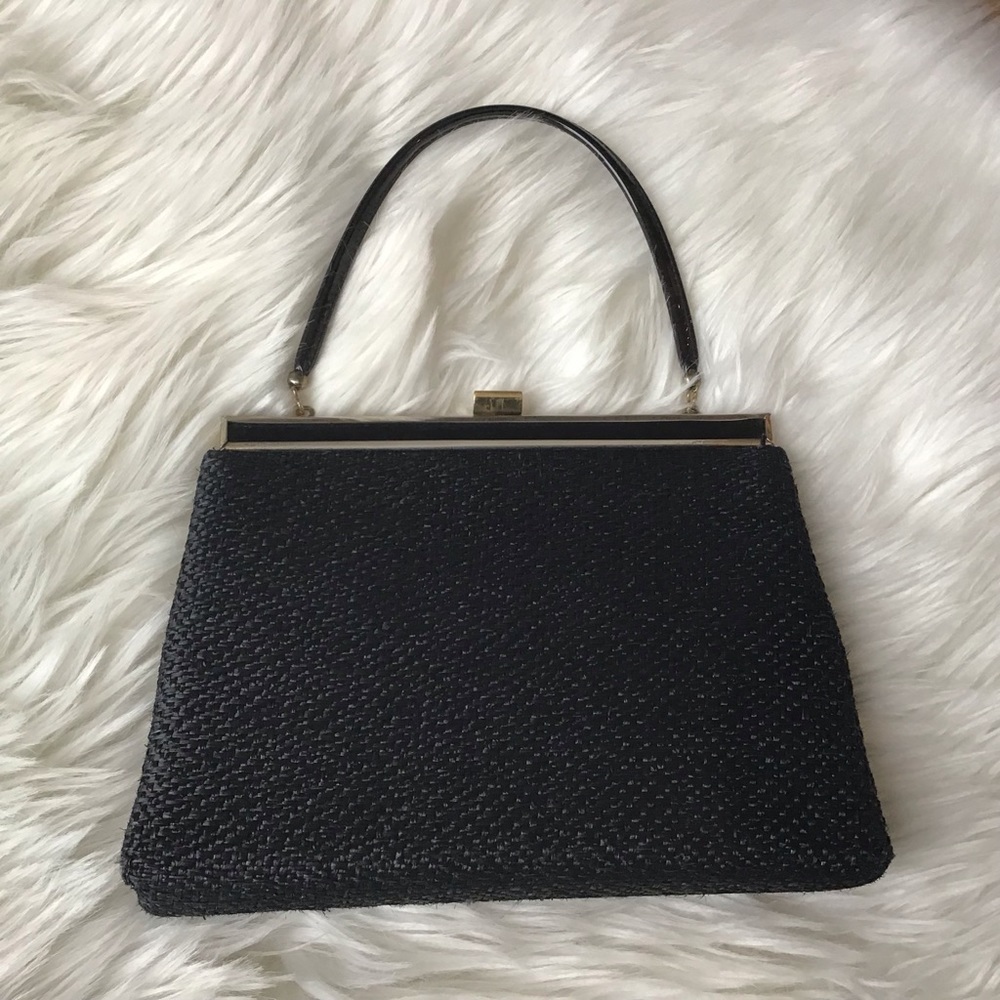 Vintage Andé evening bag/ clutch with gold trim and clasp, patent leather handle